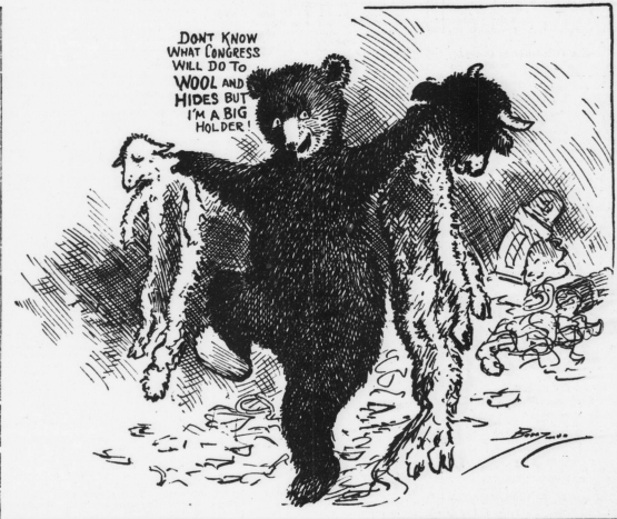 A bear holds the hides of a lamb (amateur speculators) and a bull (market)