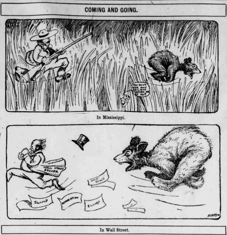Shows Teddy Roosevelt hunting while the Wall Street brokers are chased by a bear.