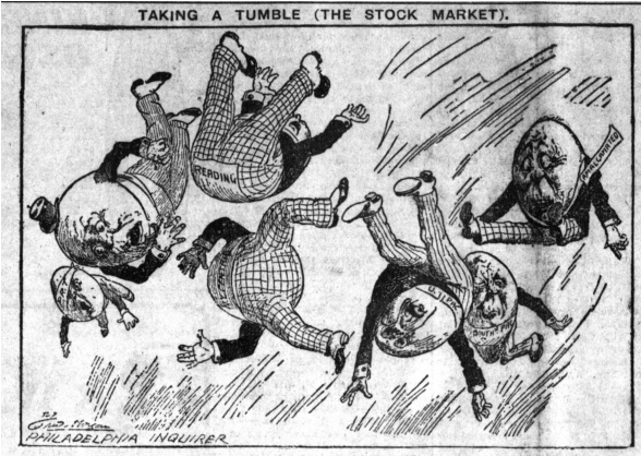 Shows railroad stocks, as humpy dumpty's, falling down 
